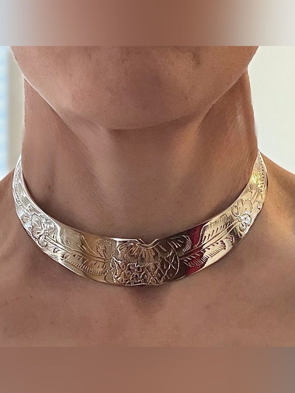Vintage Inspired Floral Etched Torque Collar Statement Necklace Choker